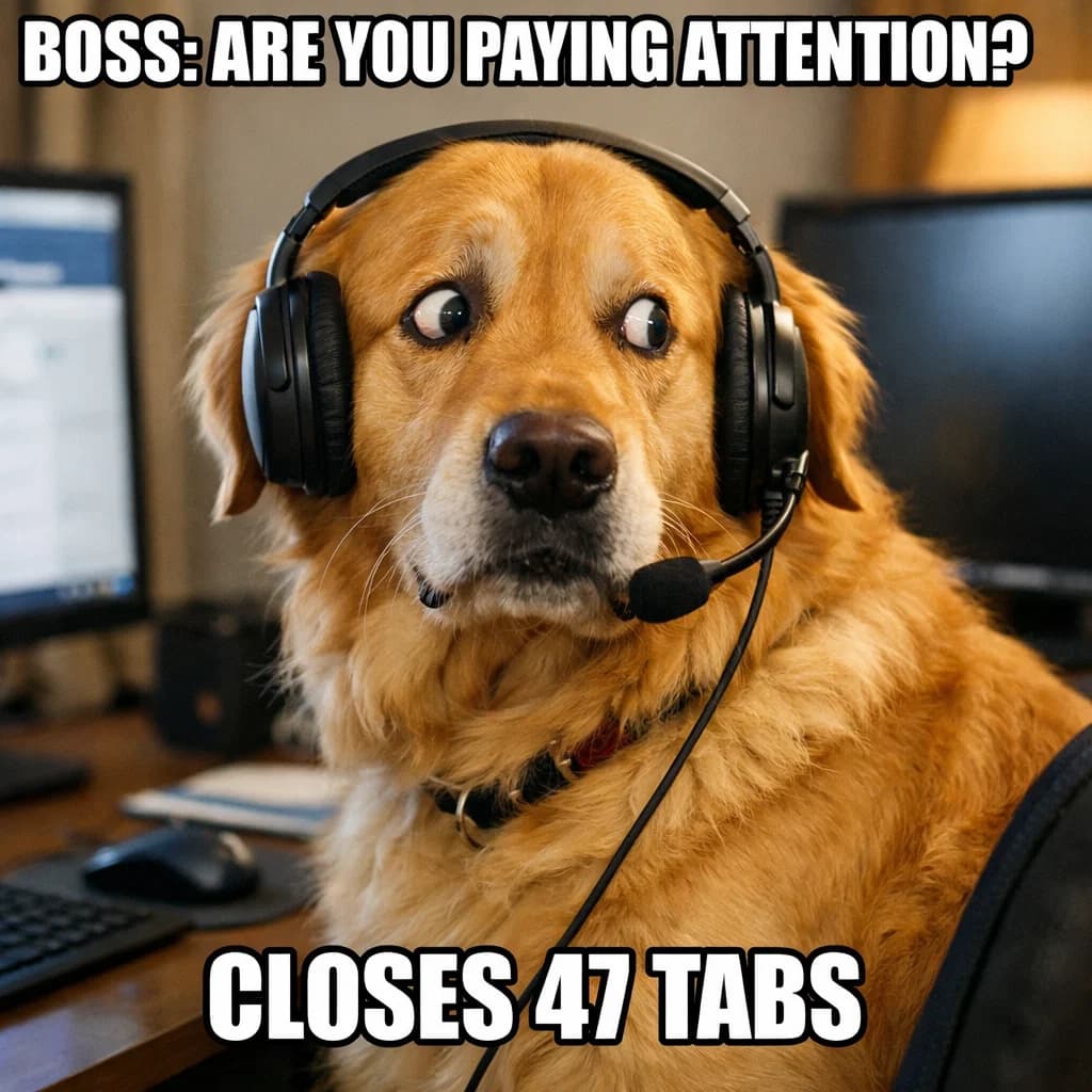 Guilty dog with headset - closes 47 tabs